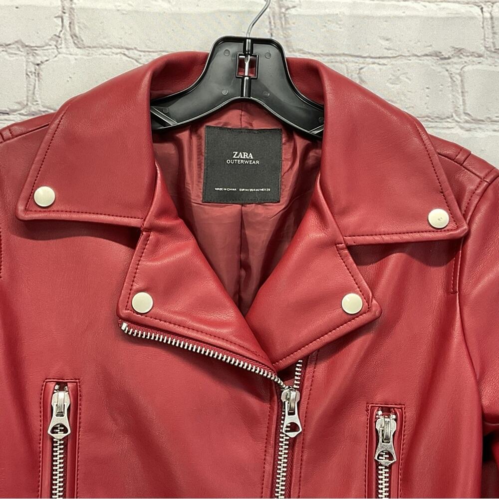 Zara Faux Leather Zip Moto Jacket Women's M Burgandy Belted Bikercore Pockets - Picture 2 of 9